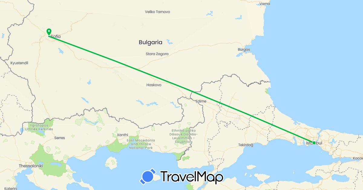 TravelMap itinerary: driving, bus in Bulgaria, Turkey (Asia, Europe)